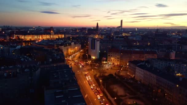 Wroclaw city at night, aerial view — Stock Video