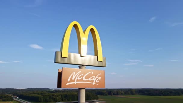 McDonalds restaurant logo, aerial view — Stock Video