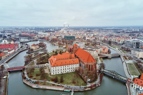 Légi Kilátás Wroclaw Városkép Panoráma Lengyelországban Szent János Katedrális Tumski — Stock Fotó