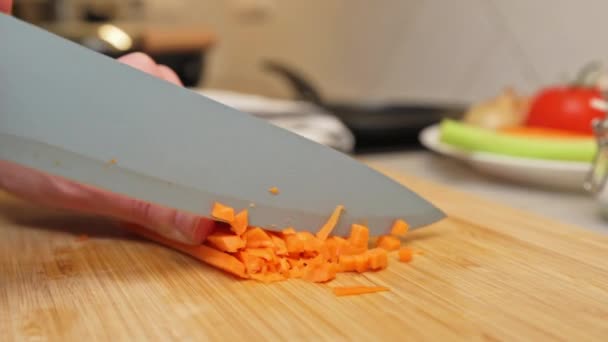 Mujer picando zanahoria en la cocina, de cerca — Vídeo de stock