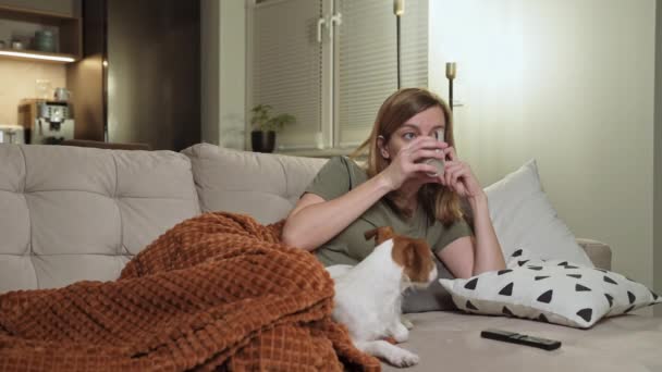 Mujer viendo la televisión en el entrenador con el perro — Vídeo de stock