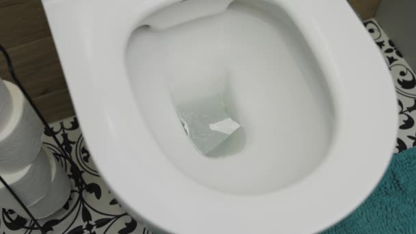 Kertas toilet jatuh ke dalam mangkuk toilet dan air memerah — Stok Video