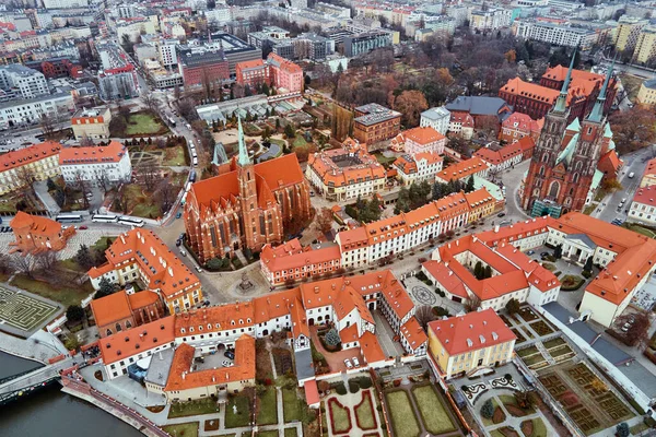 Widok Lotu Ptaka Panoramę Wrocławskiego Miasta Polsce Katedra Jana Wyspie — Zdjęcie stockowe