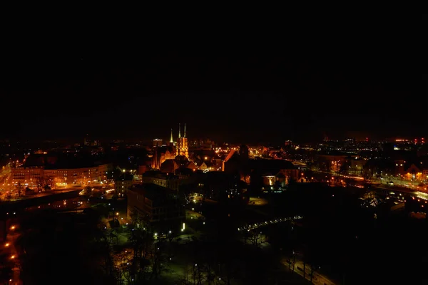 Вид Воздуха Город Вроцлав Ночью Панорама Города Польше Собор Святого — стоковое фото
