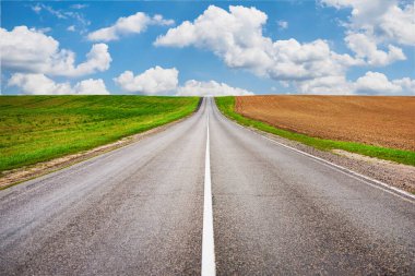 Asfalt yolu, yaz günü, mavi Clody gökyüzü ve doğa manzaralı yeşil tarlalardan ufka doğru gidiyor.