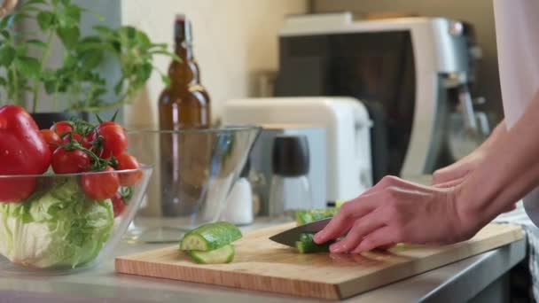 Mão Mulheres Cortando Pepino Fresco Para Salada Vegetal Verde — Vídeo de Stock