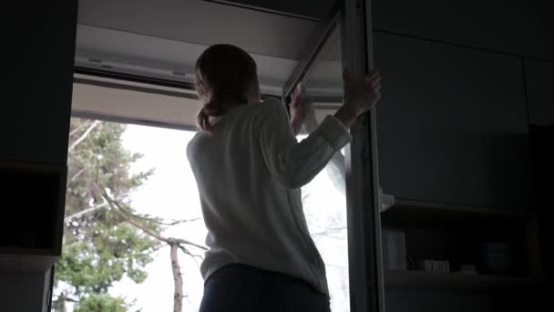 Mujer ventana de limpieza en casa — Vídeo de stock