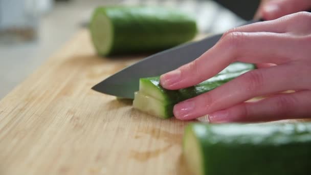 Frau schnitt Gurke mit Gemüsesalat — Stockvideo