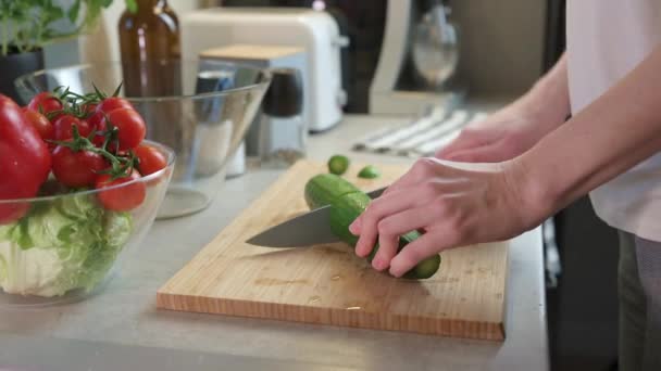 Kvinna skuren gurka fot grönsakssallad — Stockvideo