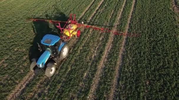 Tractorsproeimeststof op landbouwgebied, vanuit de lucht bekeken — Stockvideo