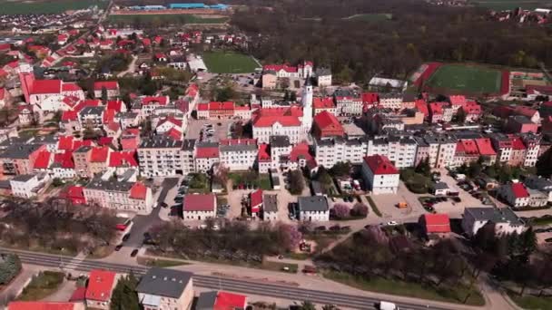 小さなヨーロッパの町、郊外のパノラマの空中ビュー — ストック動画