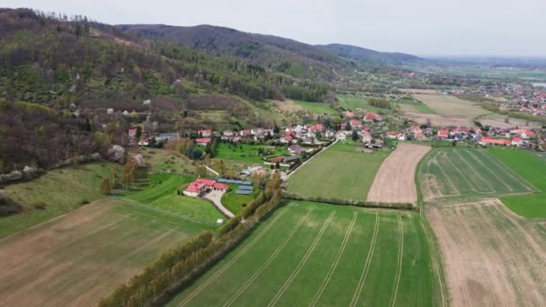 Mountain village among green fields, aerial view. — Video