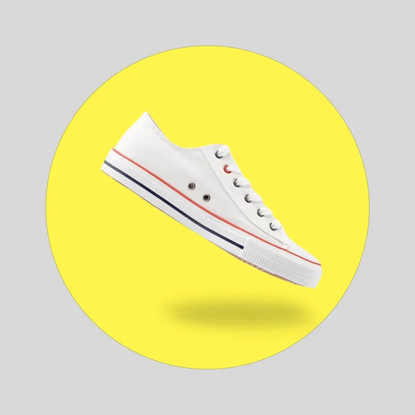 Flying White Women Sneaker Isolated Yellow Background Stylish Sports Casual — Fotografia de Stock