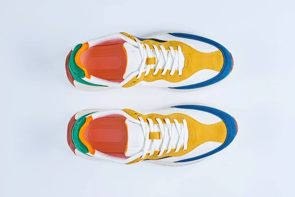 Pair Stylish Colorful Youth Sneakers White Background Sport Trendy Shoes — Zdjęcie stockowe