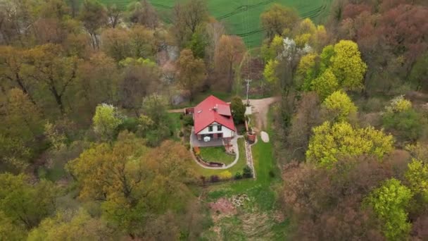 Aerial View House Red Roof Green Trees Forest Place Relax — Stockvideo