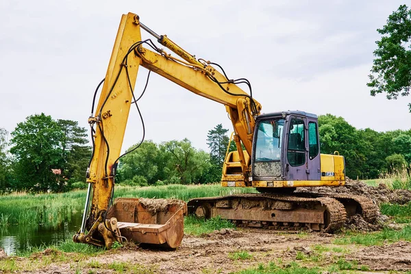 Pelle Jaune Sur Chantier Machine Construction Lourde Creusant Sol Pelle — Photo