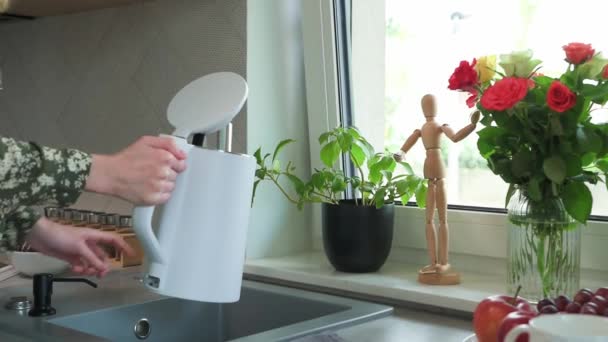 清潔な濾過水を蛇口から電気ケトルに流し 台所で湯を沸かす女性 — ストック動画
