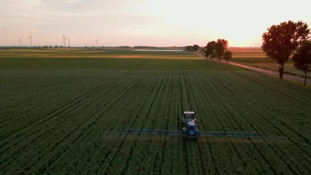 Mezőgazdasági Traktor Dolgozik Mezőgazdasági Vidéki Területen Naplementekor Farm Gépek Permetező — Stock videók