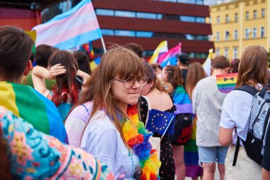 Gurur yürüyüşünde LGBTQ bayrakları olan insanlar. Hoşgörü, çeşitlilik ve cinsiyet kimlik kavramı. Wroclaw, Polonya - 11 Haziran 2022