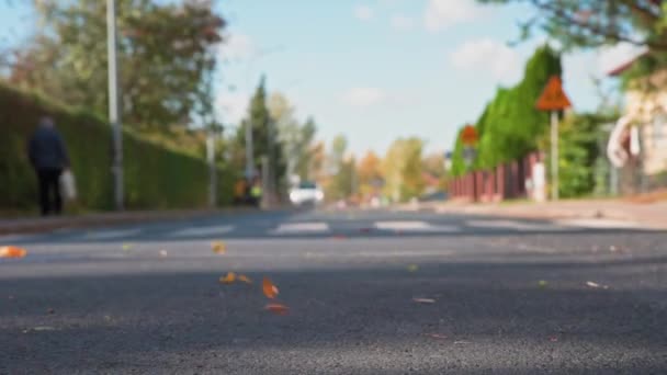 Lege Straat Herfstdag Met Sterke Stromwind Alleen Voetgangers Rijdende Auto — Stockvideo