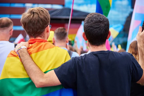 Two Male Friends Standing Rainbow Lgbtq Pride Parade Tolerance Diversity — ストック写真