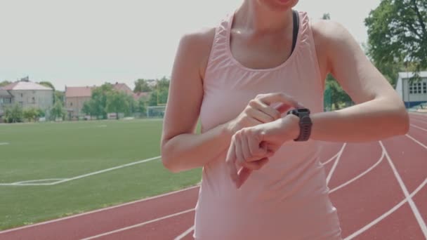 Woman Use Fitness Watch Cardio Exercises Checking Results Smart Watch — Stockvideo