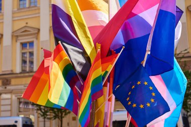 LGBTQ gurur yürüyüşünde gökkuşağı bayrakları. Hoşgörü, çeşitlilik ve cinsiyet kimlik kavramı