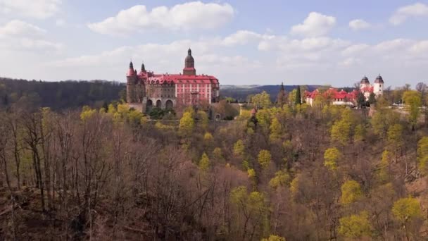 Drón Repülés Ksiaz Kastély Felett Walbrzych Közelében Lengyelországban Alsó Sziléziában — Stock videók