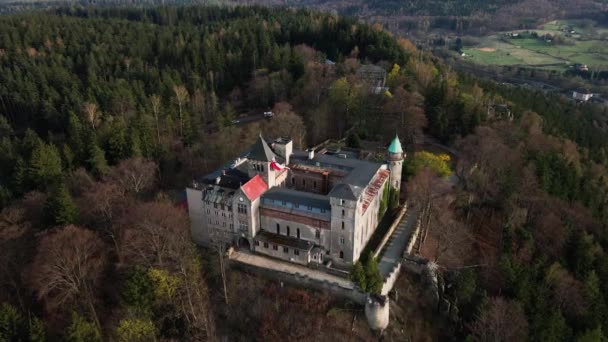 Αεροφωτογραφία Του Lesna Skala Castle Στο Szczutna Πολωνία Παλιό Φρούριο — Αρχείο Βίντεο