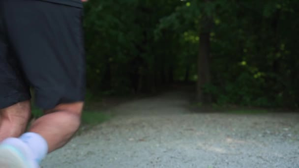 Biegający Mężczyzna Parku Tylny Widok Sportu Noszącego Mężczyznę Biegającego Świeżym — Wideo stockowe