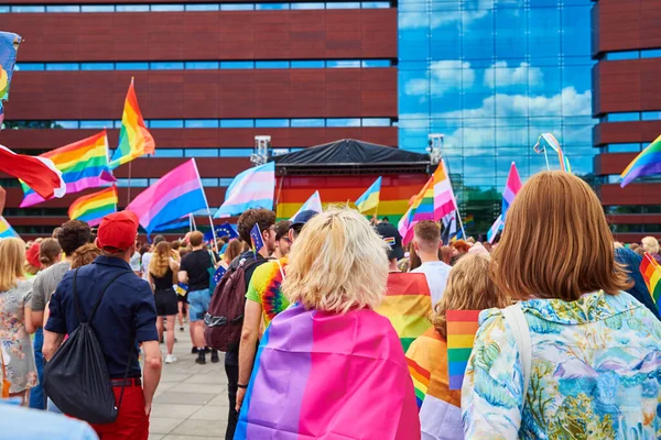 People Crowd Have Fun Gay Pride Parade Rainbow Flags March — Stock fotografie