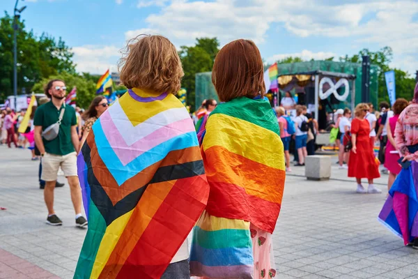 People Crowd Have Fun Gay Pride Parade Rainbow Flags March — ストック写真