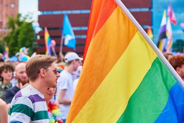 People Crowd Have Fun Gay Pride Parade Rainbow Flags March — ストック写真