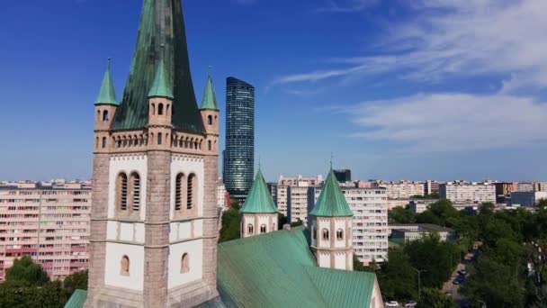 Drone Flight Wroclaw Cityscape Sky Tower Skyscrape Catholic Cathedral Aerial — Stok video