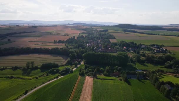 Aerial Drone View Mountain Village Agricultural Fields Non Urban Countryside — Stok video