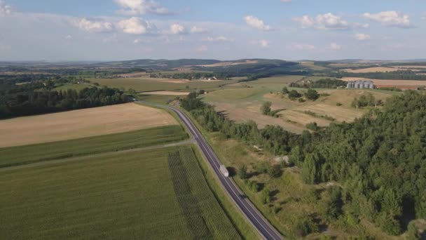 Aerial View Cars Driving Highway Suburban Countryside Area Agricultural Fields — Video