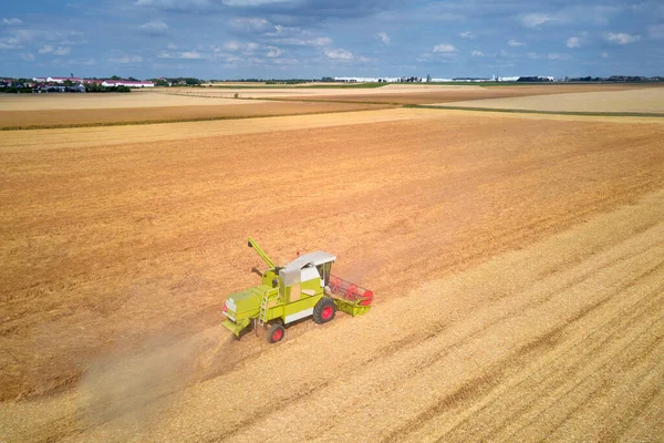 Harvest Season Aerial View Harvesting Combine Working Agricultural Field — Fotografia de Stock