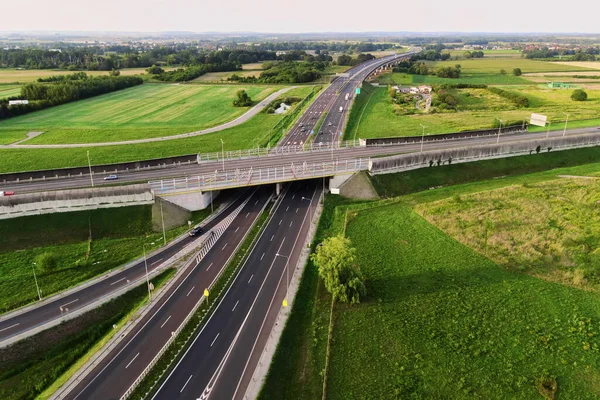 Aerial View Cars Driving Intersection City Transportation Roundabout Infrastructure Highway — Stok fotoğraf