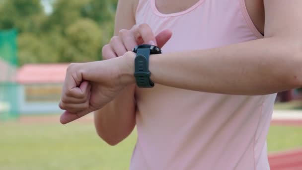 Woman Use Fitness Watch Cardio Exercises Checking Results Smart Watch — Stockvideo