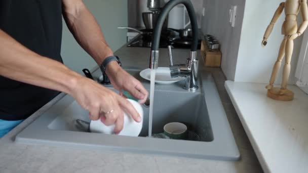 Man Washing Ditry Dishes Kitchen Sink Window Daily Routine Chores — Stockvideo