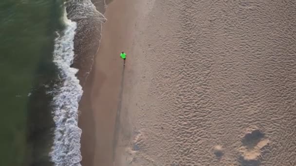 Aerial View Man Jogging Sea Beach Morning Athlete Training Running — 图库视频影像