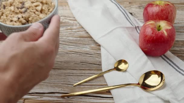 Granola Milk Blue Bowl Wooden Table Healthy Organic Breakfast Muesli — Video