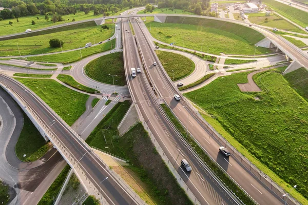 Aerial View Cars Driving Intersection City Transportation Roundabout Infrastructure Highway — Stockfoto