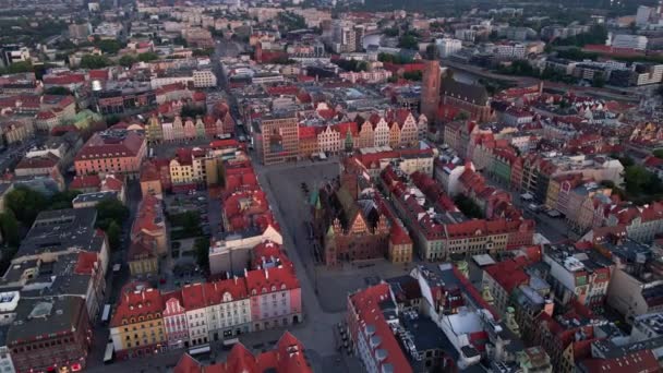Drone Flight Old Town Central Square Wroclaw City Poland Aerial — ストック動画