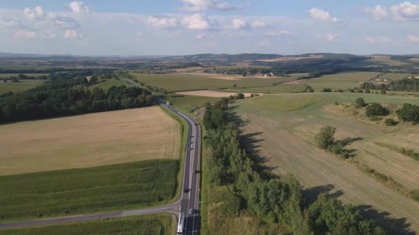 Aerial View Cars Driving Highway Suburban Countryside Area Agricultural Fields — Stock video