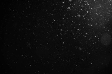 Snowflakes falling down on black background, heavy snow flakes isolated, Flying rain, overlay effect for composition