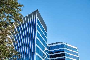 Yeşil ağaçlarla kaplı cam cephe, iş dünyası için modern ofis binası, ikametgah çağdaş