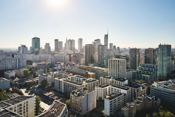 Drohnenaufnahme Der Warschauer Stadtlandschaft Zentrum Von Warschau Mit Wolkenkratzern Hauptstadt — Stockfoto