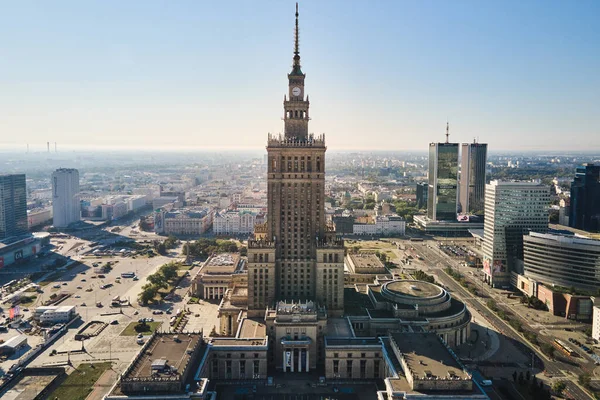 Aerial Drone View Warsaw Cityscape Warsaw Palace Culture Science Skyscrapers — Fotografia de Stock