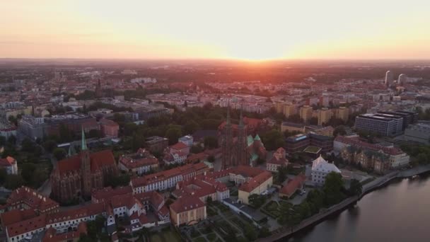 Drone Flight Tumski Island Cathedral John Baptist Wroclaw Morning Sunrise — Stockvideo